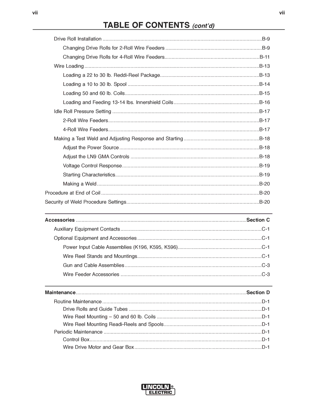 Lincoln Electric LN-9F GMA, LN-9 GMA manual TAbLE OF CONTENTS cont’d 